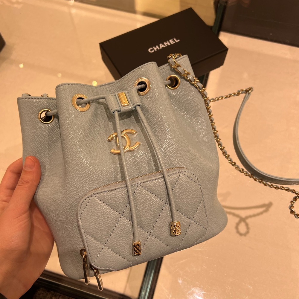 Chanel Business Affinity Drawstring Bucket Bag Blue Caviar | Like New